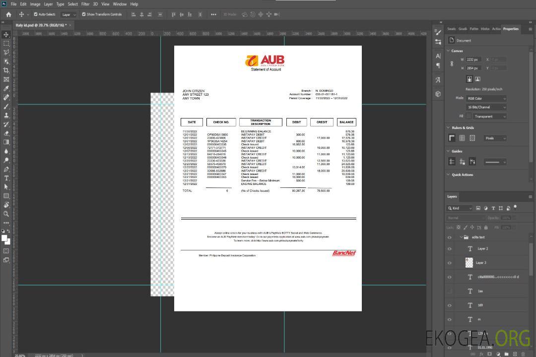 Relevé de compte de la Philippines Asia United Bank (AUB) template